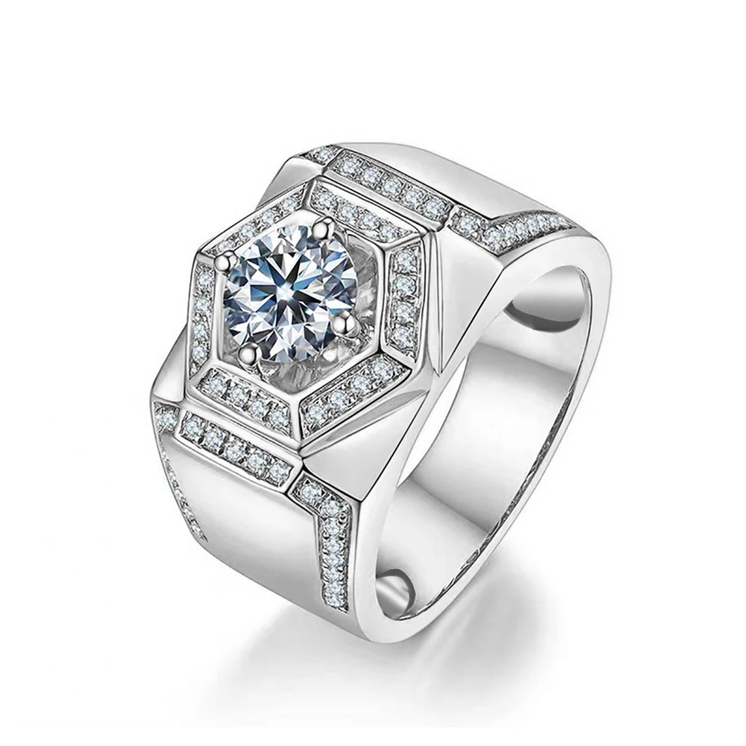 Fashion Round Moissanite Side Stone Sterling Silver Ring For Men