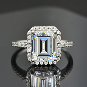 Halo Emerald Cut Moissanite Pave Sterling Silver Engagement Ring