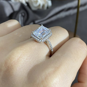 Halo Emerald Cut Moissanite Pave Sterling Silver Engagement Ring