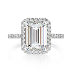 Halo Emerald Cut Moissanite Pave Sterling Silver Engagement Ring