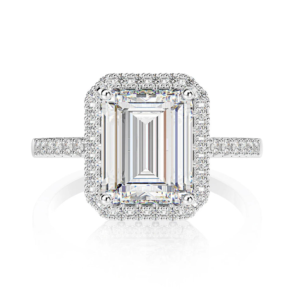 Halo Emerald Cut Moissanite Pave Sterling Silver Engagement Ring