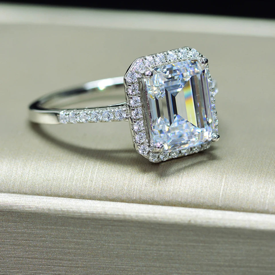 Halo Emerald Cut Moissanite Pave Sterling Silver Engagement Ring