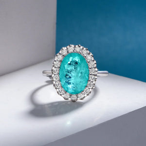 Halo Oval Cut Paraiba Tourmaline Sterling Silver Ring