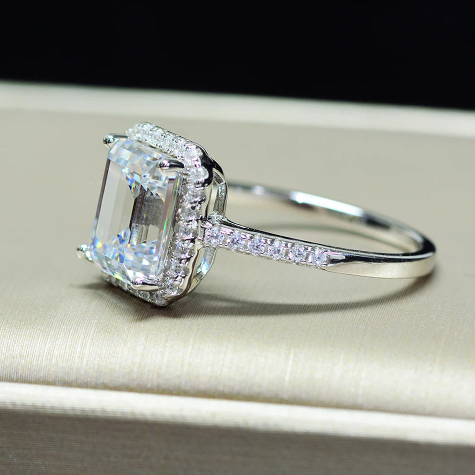 Halo Emerald Cut Moissanite Pave Sterling Silver Engagement Ring