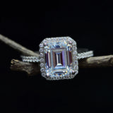 Halo Emerald Cut Moissanite Pave Sterling Silver Engagement Ring