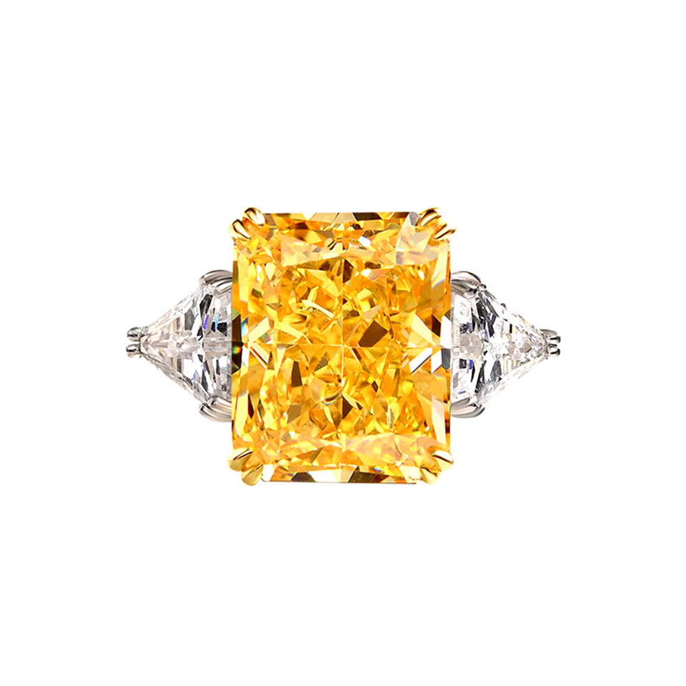 Three Stone Radiant Cut Yellow Sapphire Two Tone Sterling Silver Ring