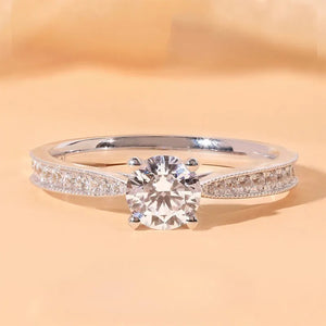 Round Moissanite Four Prong Side Stones Promise Engagement Ring