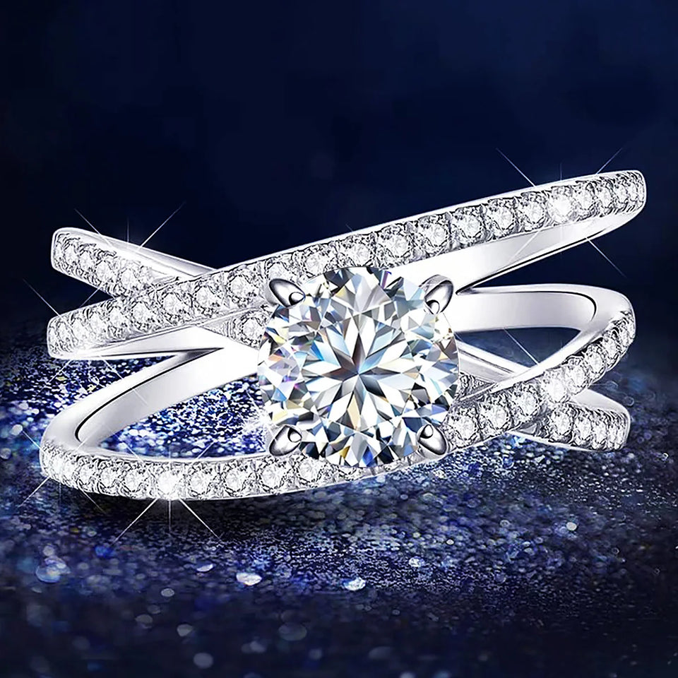 Triple Row Criss-Cross Moissanite Pave Engagement Ring