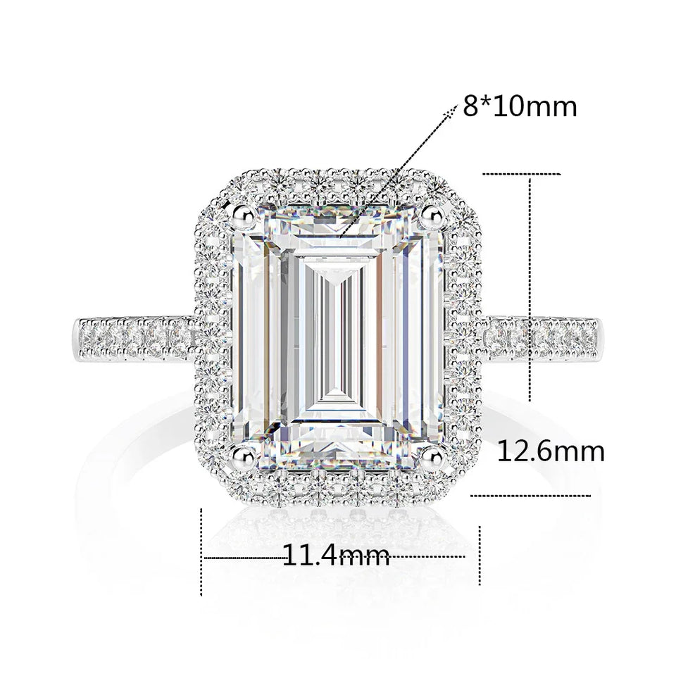 Halo Emerald Cut Moissanite Pave Sterling Silver Engagement Ring