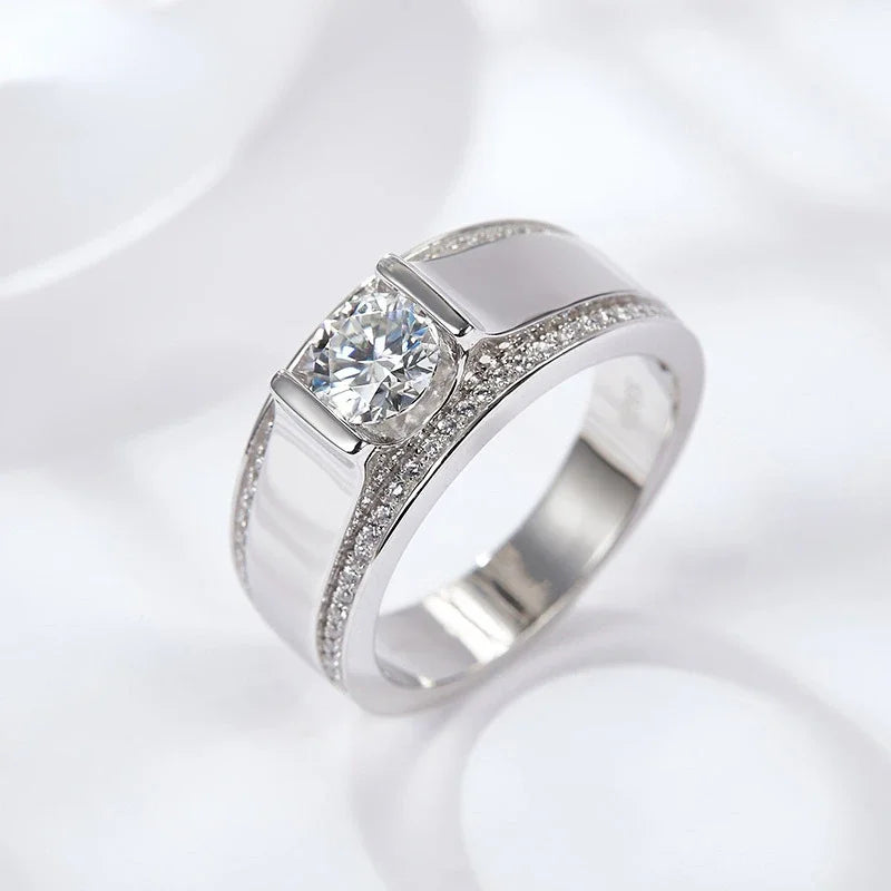 Round Moissanite Sterling Silver Wedding Ring For Men