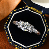 Vintage Three Stone Moissanite Scroll Filigree Engagement Ring