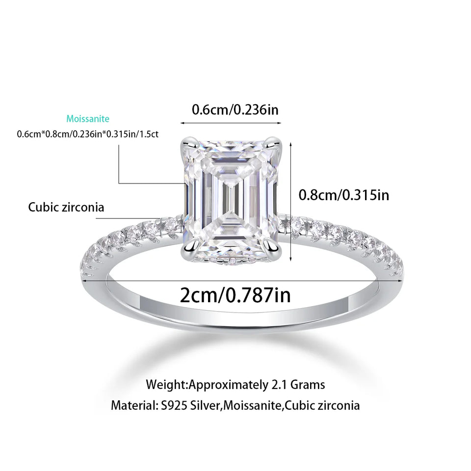 Emerald Cut Moissanite Pave Sterling Silver Engagement Ring