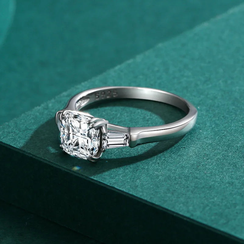 Three Stone Cushion Moissanite Trillion Side Stone Engagement Ring