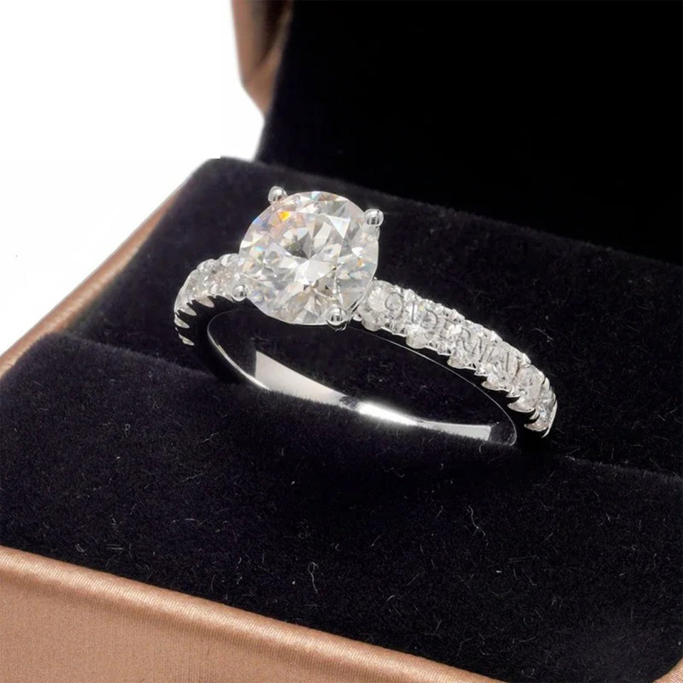 Solitaire Round Moissanite Four Prong Pave Engagement Ring