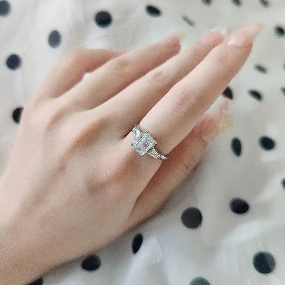 Three Stone Emerald-Cut Moissanite Engagement Ring