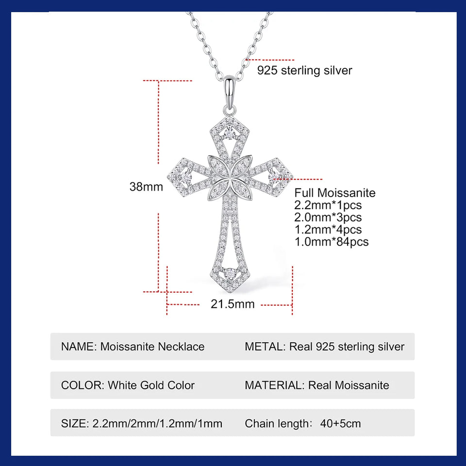 Real Moissanite Cross Sterling Silver Necklace