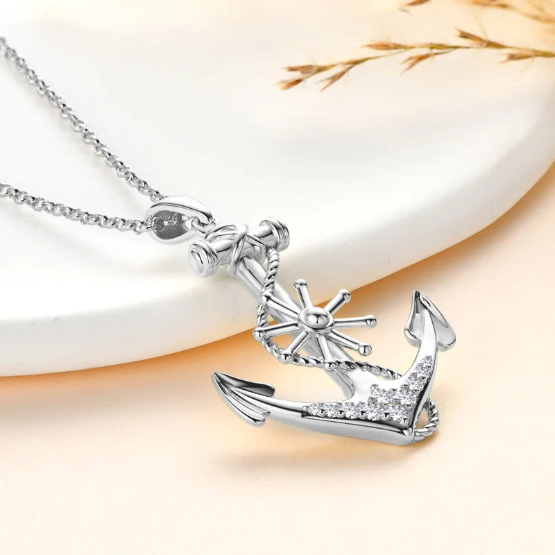 Real Moissanite Anchor Sterling Silver Necklace