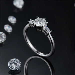 Three Stone Round Moissanite Six Prong Sterling Silver Wedding Ring