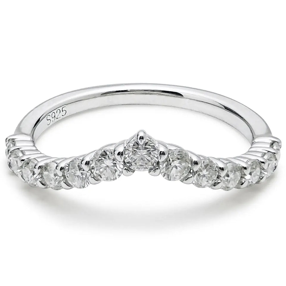 V-Shaped Moissanite Half Eternity Sterling Silver Wedding Band Stackable Ring