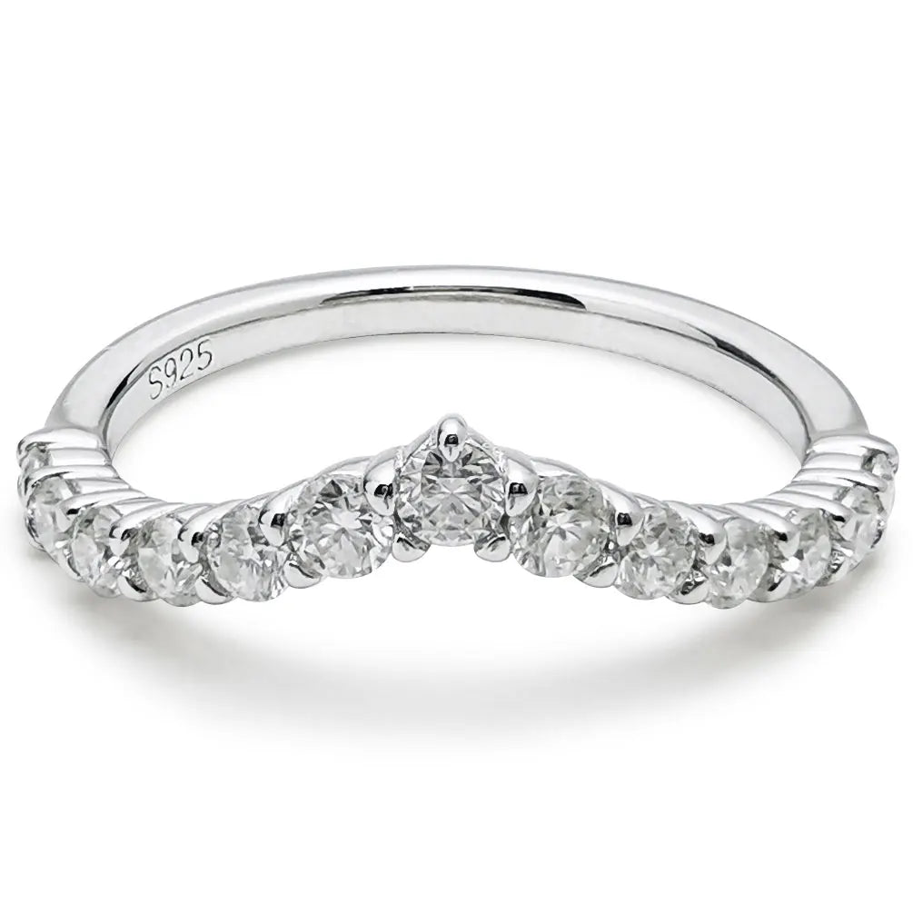 V-Shaped Moissanite Half Eternity Sterling Silver Wedding Band Stackable Ring