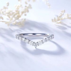 V-Shaped Moissanite Half Eternity Sterling Silver Wedding Band Stackable Ring