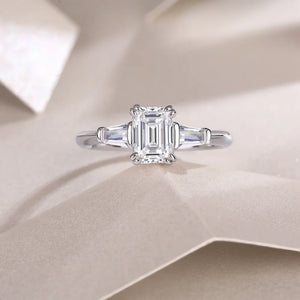 Three Stone Emerald-Cut Moissanite Engagement Ring