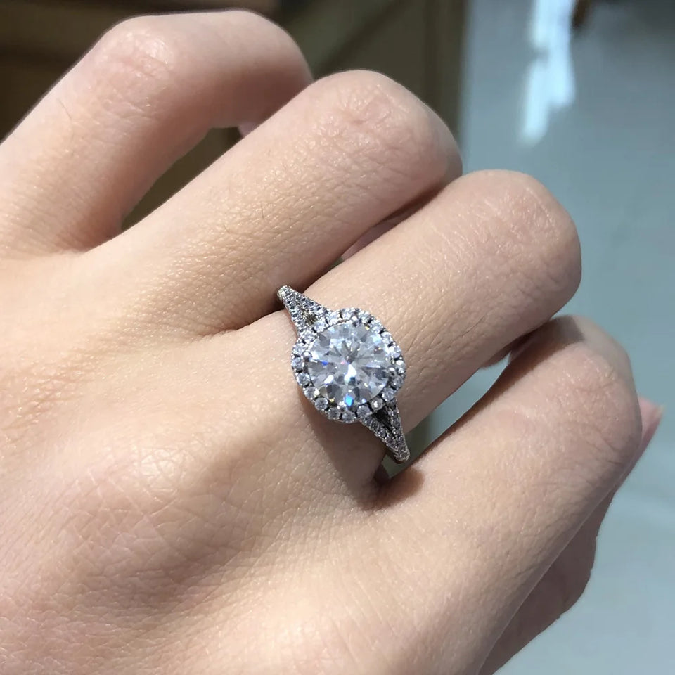 Round Moissanite Split Shank Halo Pave Engagement Ring