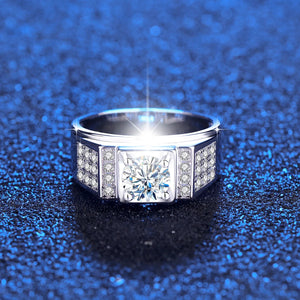 Round Moissanite Halo Sterling Silver Wedding Ring For Men