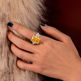 Three Stone Radiant Cut Yellow Sapphire Two Tone Sterling Silver Ring