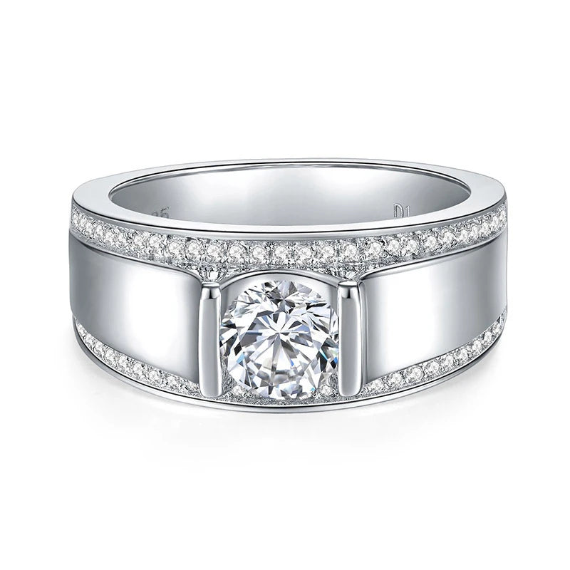 Round Moissanite Sterling Silver Wedding Ring For Men