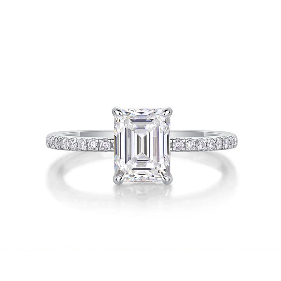 Emerald Cut Moissanite Pave Sterling Silver Engagement Ring