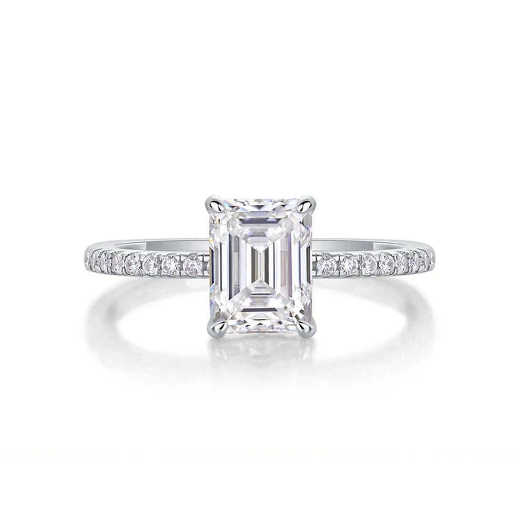 Emerald Cut Moissanite Pave Sterling Silver Engagement Ring