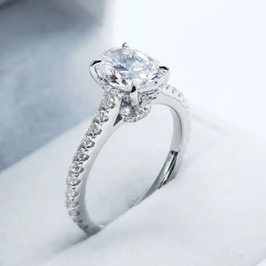 Halo Oval Cut Moissanite Pave Sterling Silver Engagement Ring