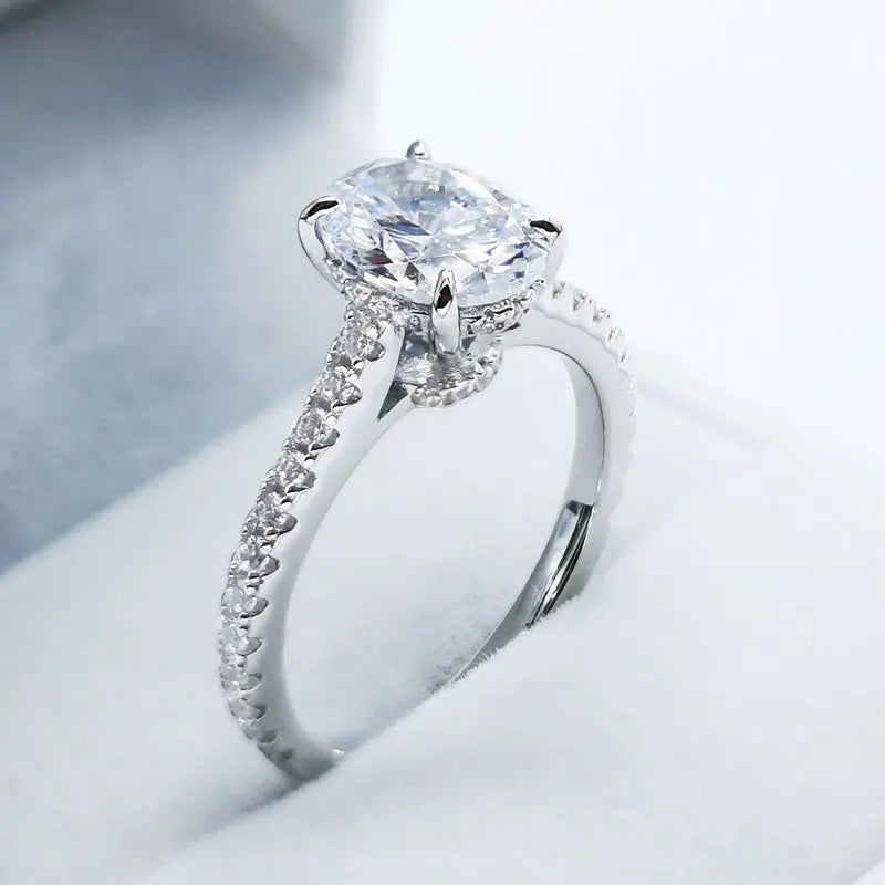 Halo Oval Cut Moissanite Pave Sterling Silver Engagement Ring