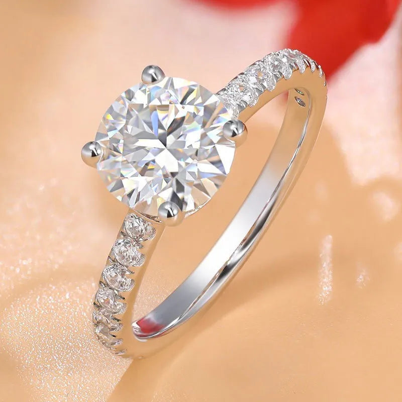 Solitaire Round Moissanite Four Prong Pave Engagement Ring