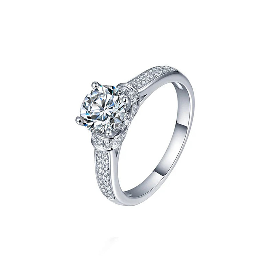 Round Moissanite Four Prong Side Stone Promise Engagement Ring