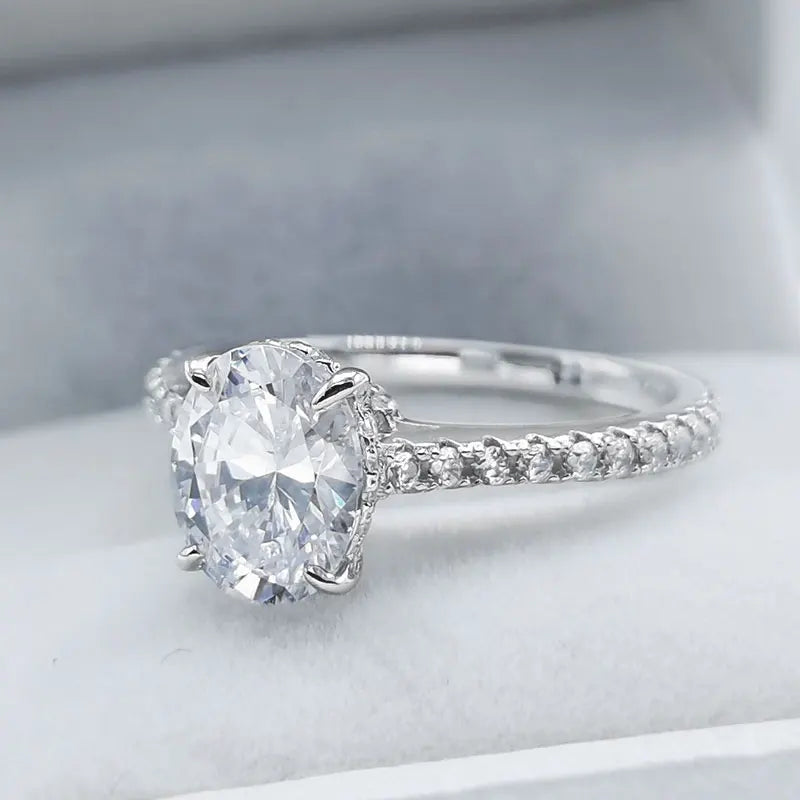 Halo Oval Cut Moissanite Pave Sterling Silver Engagement Ring