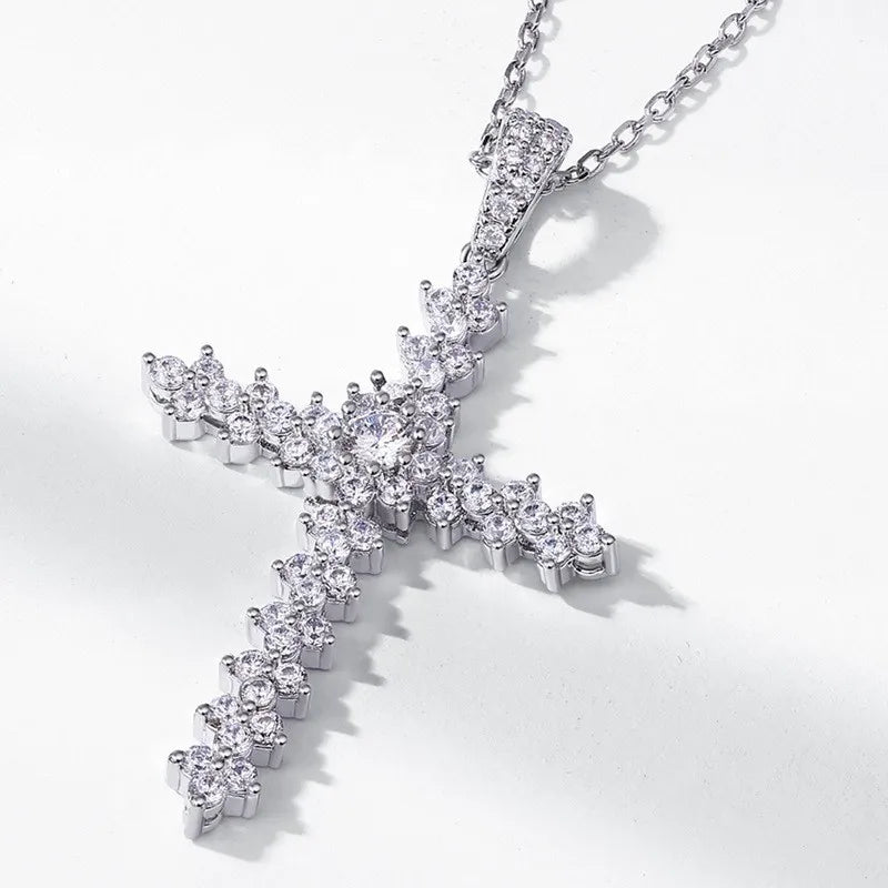 Real Moissanite Creative Cross Sterling Silver Necklace