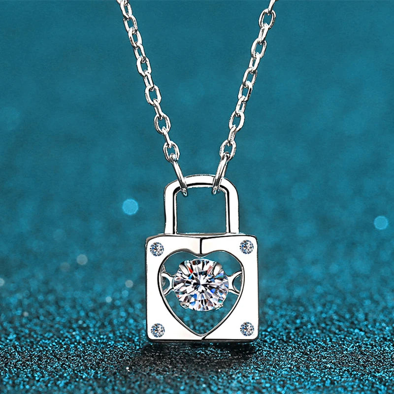 Real Moissanite Lock Shape Sterling Silver Necklace