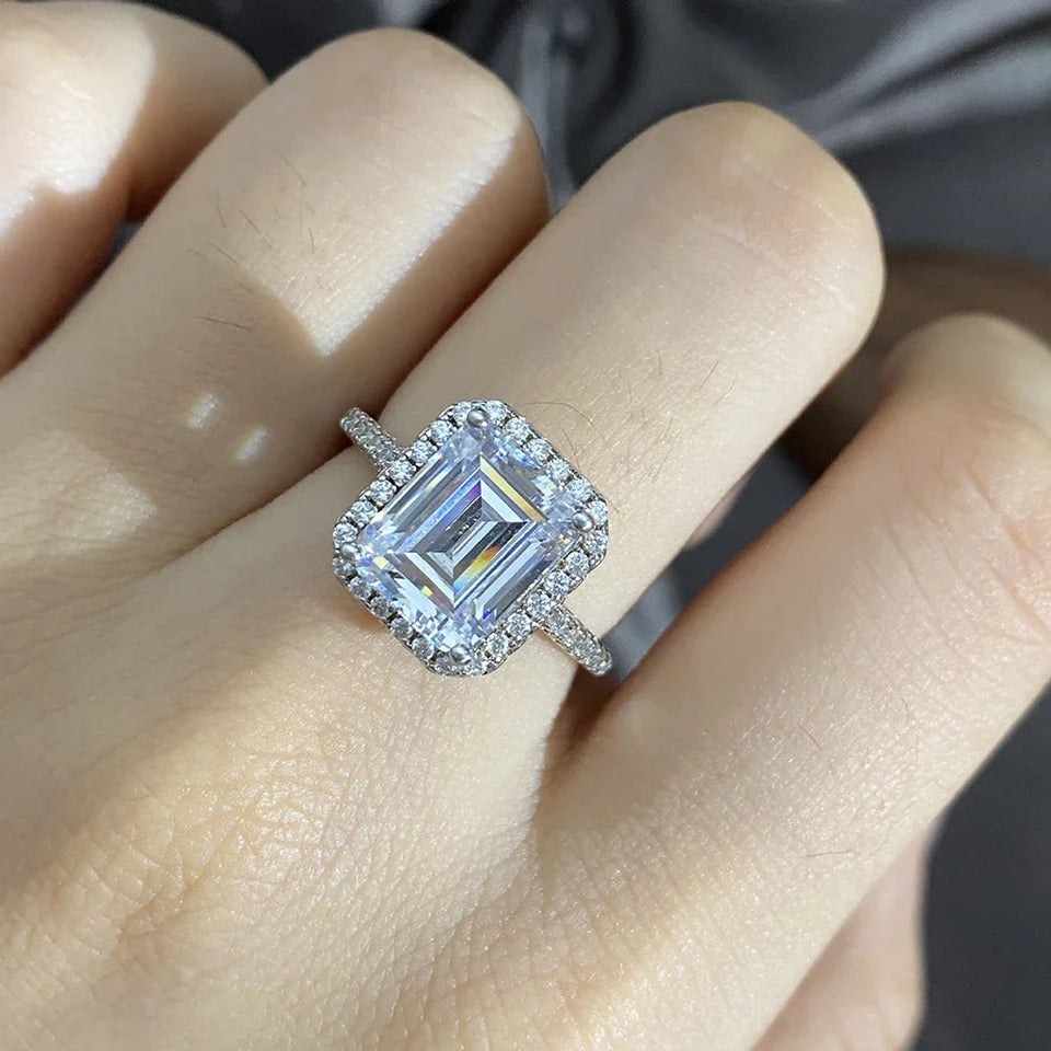 Halo Emerald Cut Moissanite Pave Sterling Silver Engagement Ring