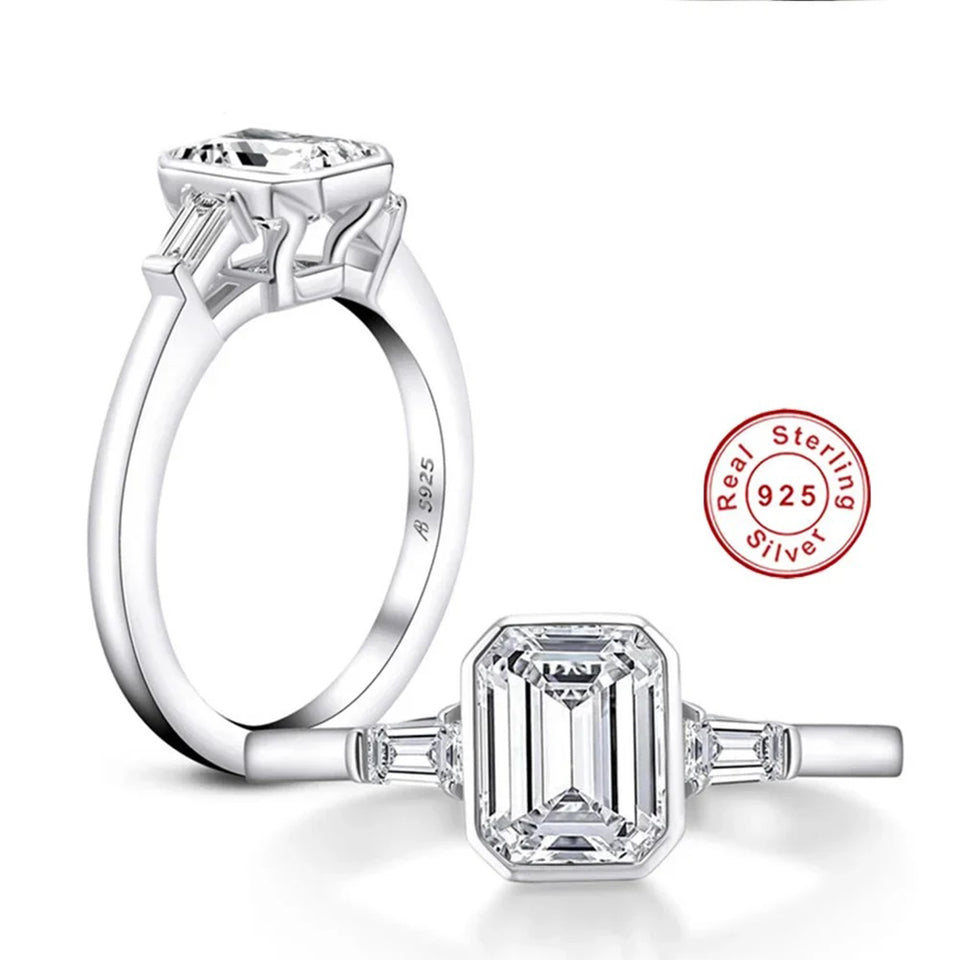 Three Stone Emerald Cut Moissanite Bezel Engagement Ring