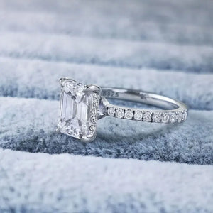 Solitaire Emerald-Cut Moissanite Pave Engagement Ring