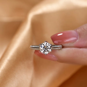 Round Moissanite Side Stone Pave Sterling Silver Engagement Ring