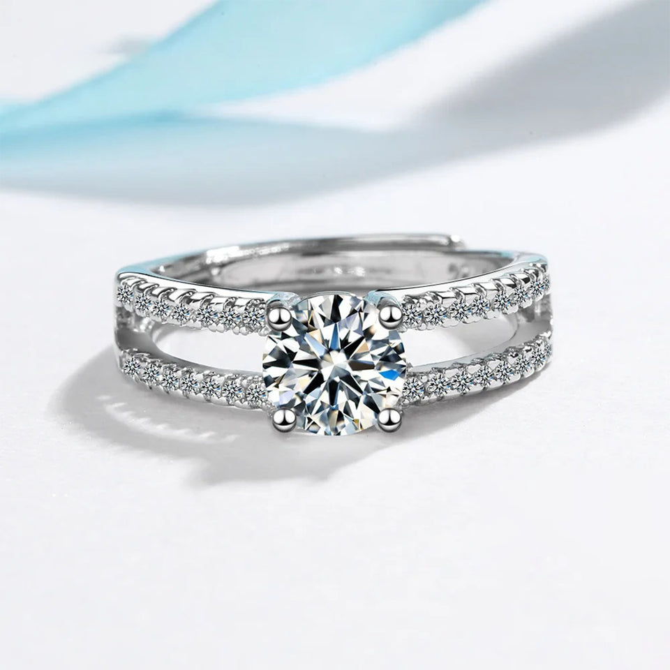 Double Pave Round Moissanite Wide Band Engagement Ring