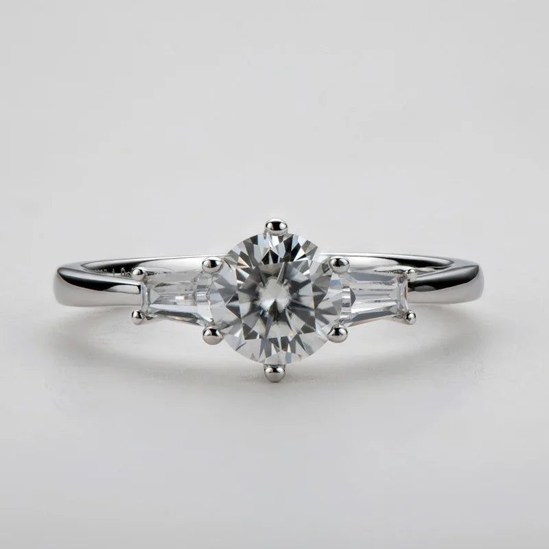 Three Stone Round Moissanite Six Prong Sterling Silver Wedding Ring