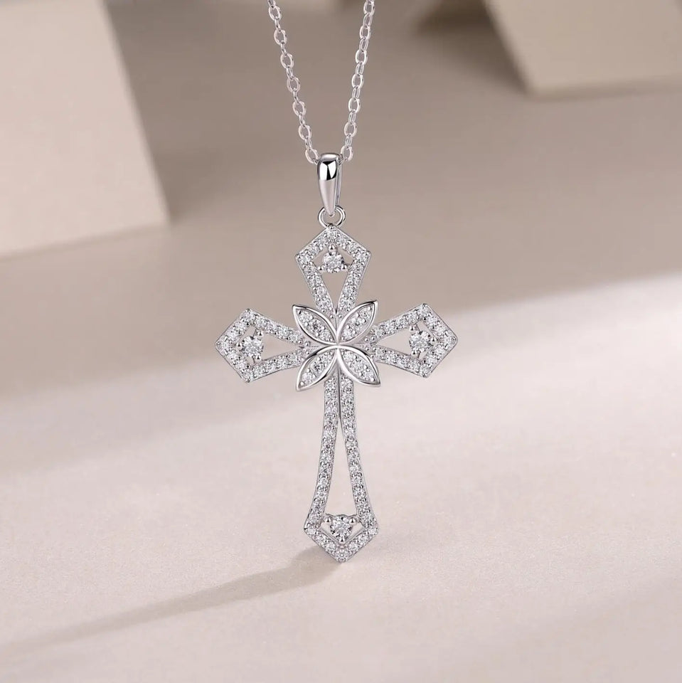 Real Moissanite Cross Sterling Silver Necklace