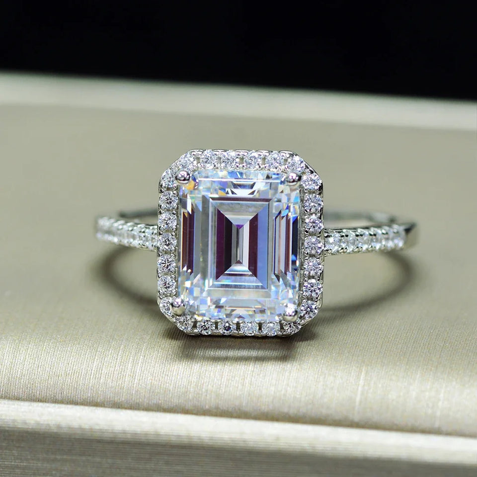 Halo Emerald Cut Moissanite Pave Sterling Silver Engagement Ring