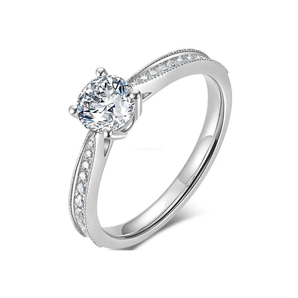 Round Moissanite Four Prong Side Stones Promise Engagement Ring