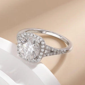 Round Moissanite Split Shank Halo Pave Engagement Ring