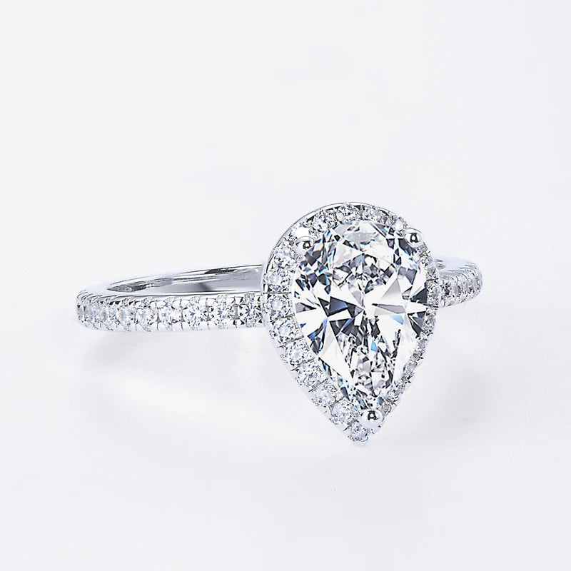 Halo Pear Moissanite Triple Row Pave Engagement Ring